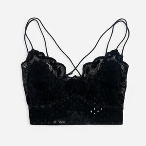 Free People Black Velvet Madonna Sheer Floral Lace Smocked Cropped Bra Top XS